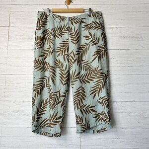 Ralsey Pants Womens Size 14P Teal & Brown Foliage 100% Linen Wide Leg Cropped